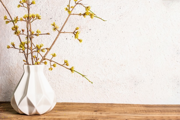 Brindilles en fleurs de cornouiller dans un vase en céramique blanche sur une pierre.