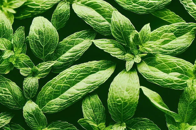 Brins frais de gros plan de menthe poivrée sur un fond sombre