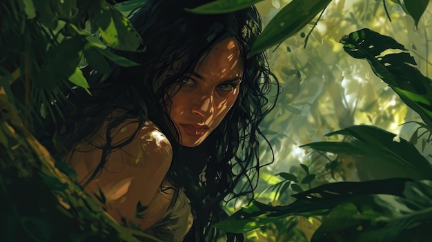 Des brins de longs cheveux noirs émergent sous la canopée feuillue alors que la guerrière amazone s'accroupit.