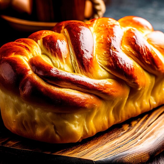 Photo brioche appétissante cuite avec oeuf et fromage sur le plateau