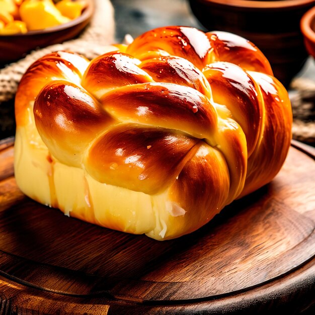 Brioche appétissante cuite avec oeuf et fromage sur le plateau