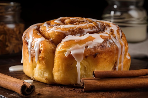 Brioche à la cannelle avec glaçage sur le dessus et une pincée de cannelle