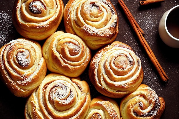 Brioches à la cannelle frisées en forme de spirale avec glaçage blanc