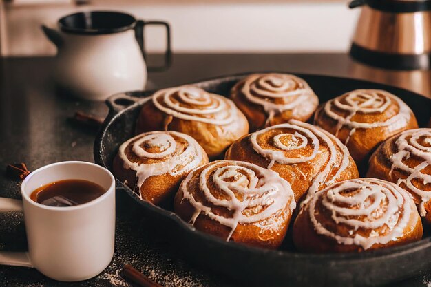 Brioches à la cannelle en spirale décorées d'une fine bande de glaçage blanc