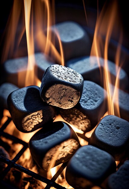 Des briquettes de charbon de bois sur un gril de jardin