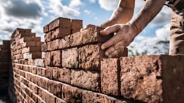 Briqueur posant des briques sur du mortier dans la construction d'une nouvelle maison résidentielle