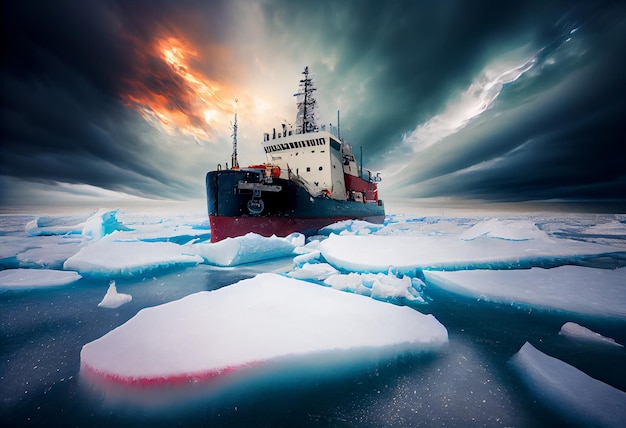 Le brise-glace brise les buttes de glace et les banquises dans l'océan Arctique Générer Ai