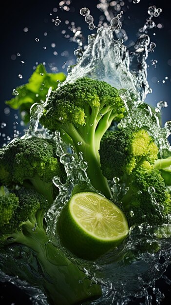 Photo le broccoli est éclaboussé d'eau et d'une citrouille