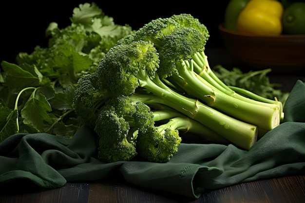 Broccolini dans le concept de nourriture végétalienne de fond vert de table