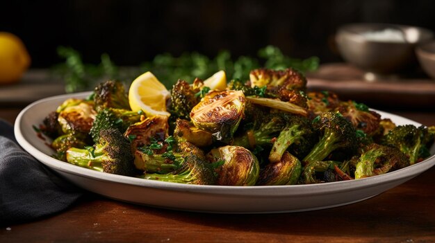 Broccolini rôti avec du citron sur l'assiette Vue d'angle rapprochée IA générative