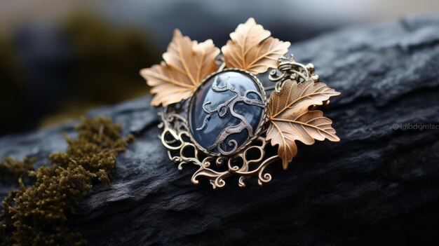 Broche d'automne mystique avec des feuilles de métal et un pendentif en pierre iolite