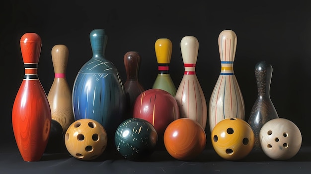 Des broches et des bols de bowling sur un fond noir Illustrations génératives d'IA