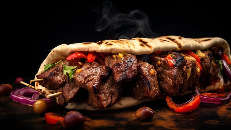 Photo brochette de boeuf aux légumes colorés parfaitement grillés et assaisonnés à la perfection