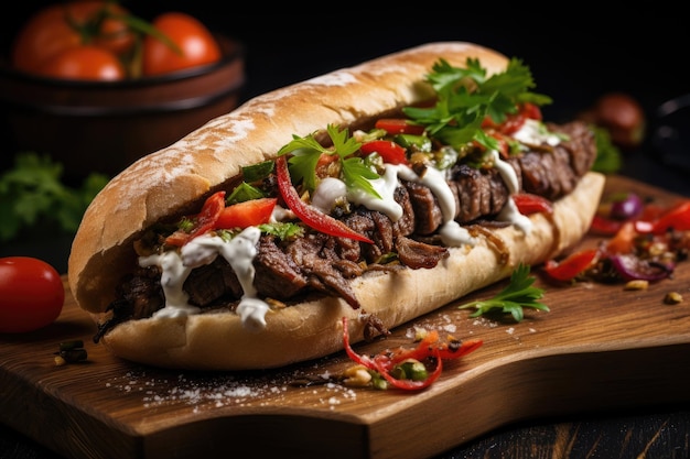 Brochette de boeuf en petit pain sur planche de bois