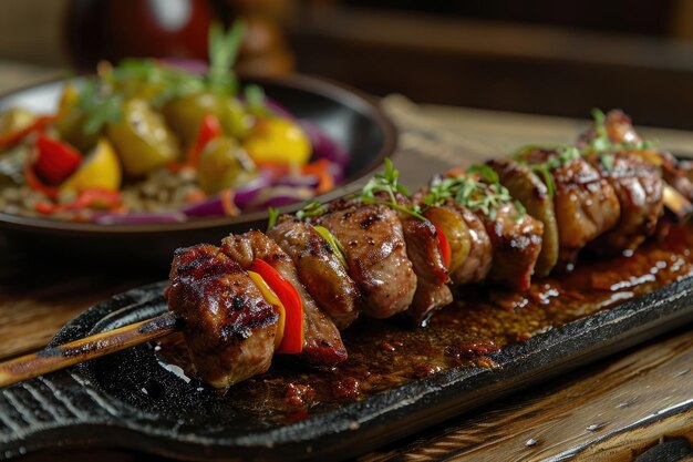 Une brochette de viande grillée de style russe servie avec des légumes colorés