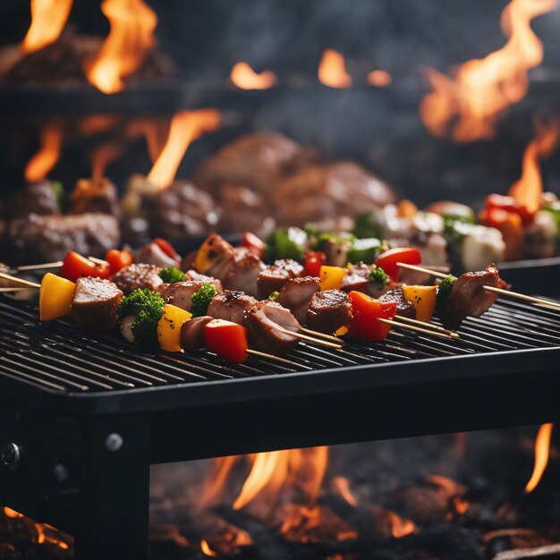 Brochettes de barbecue brochettes de viande avec légumes sur grill flamboyant