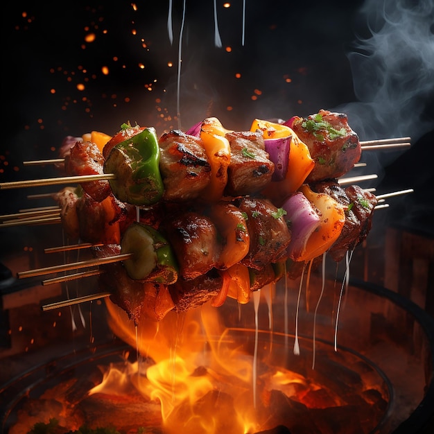 Des brochettes de barbecue, des kebabs de viande et des légumes sur un gril en flammes.