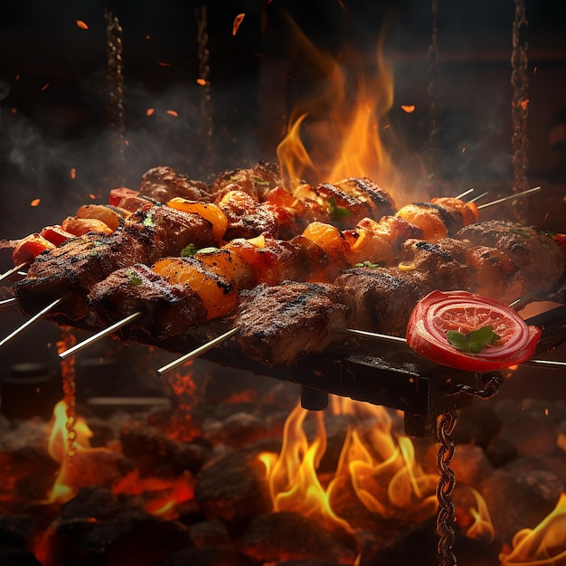 Des brochettes de barbecue, des kebabs de viande et des légumes sur un gril en flammes.