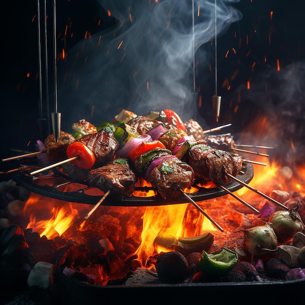 Photo des brochettes de barbecue, des kebabs de viande et des légumes sur un gril en flammes.