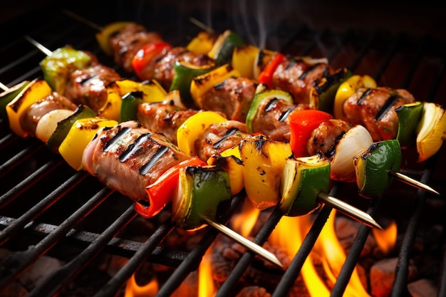 Des brochettes de barbecue, des kebabs de viande avec des légumes sur un gril en flammes