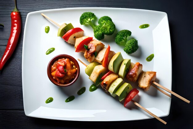 Brochettes de brochettes de poulet sur une assiette sur fond gris clair en pierre d'ardoise ou en béton