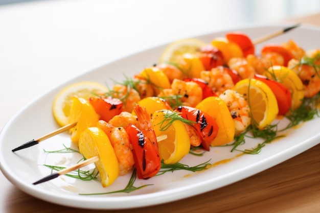 Brochettes de crevettes bien éclairées sur un plat blanc