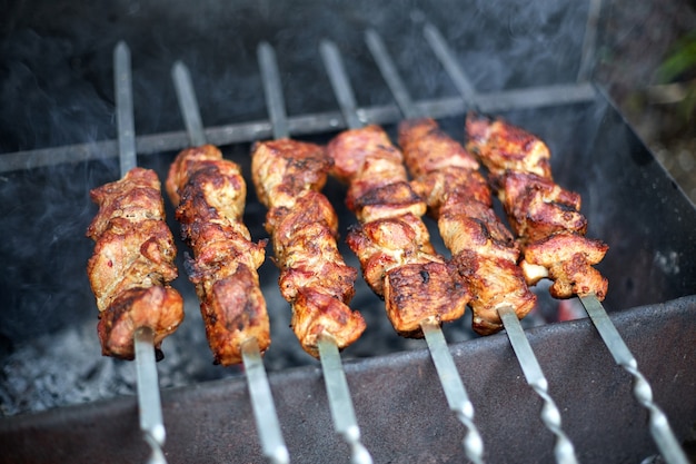 Brochettes dans la nature, sur un vieux gril fait maison, avec une faible profondeur de champ