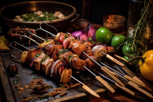 Photo brochettes grillées avec un pinceau à marinade et des pinces à proximité créées avec une ia générative