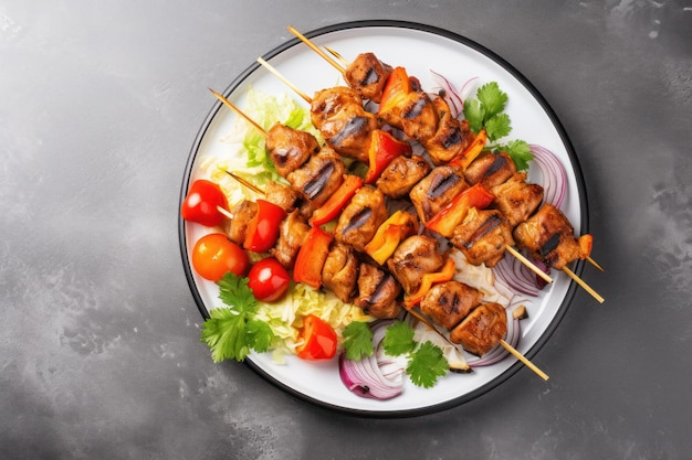 Des brochettes de kebab de poulet sur une assiette