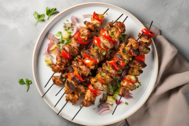 Photo brochettes de kebab de poulet sur une assiette