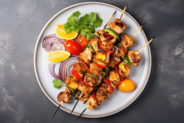 Des brochettes de kebab de poulet sur une assiette