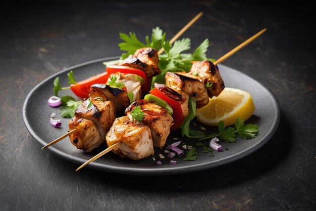 Des brochettes de kebab de poulet sur une assiette