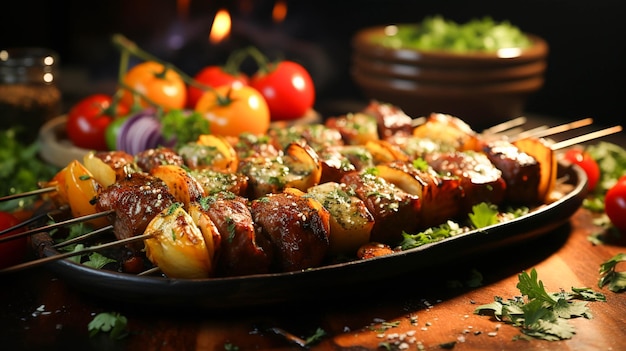 Des brochettes avec des kebabs de viande et des légumes sur une table en bois rustique