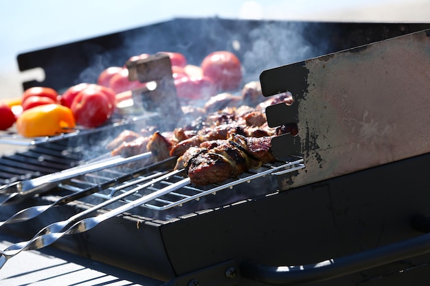 Brochettes et légumes sur la grille du barbecue libre