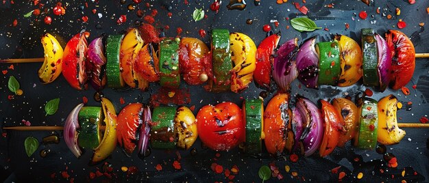 Photo des brochettes de légumes grillés en gros plan fumées et savoureuses élégantes dans le style du point vibrant art numérique