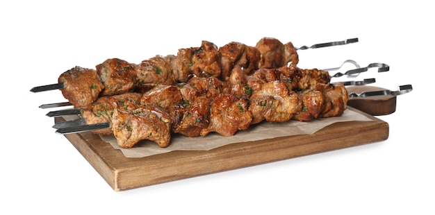 Brochettes De Métal Avec De La Viande Crue Et De L'oignon Sur La Vue De  Dessus De Fond Blanc