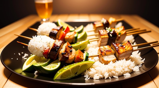 Brochettes de poulet au miel et à l'ail avec du riz et des légumes