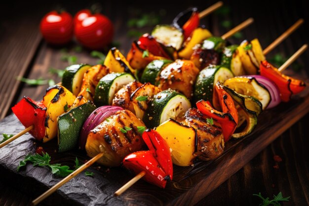 Photo brochettes de poulet grillées avec des légumes sur des brochettes en bois brochettes de légumes grillées avec des tomates courgettes poivrons oignons et épices sur fond en bois foncé ai généré