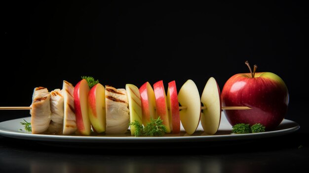 Des brochettes de poulet avec des morceaux de pommes et des épices