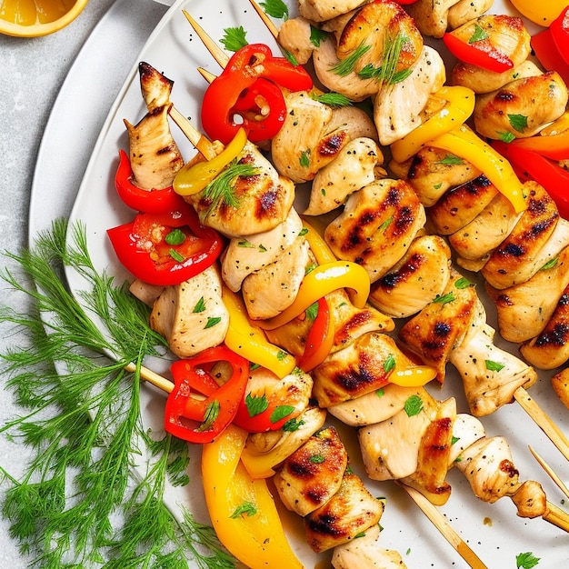 Des brochettes de poulet avec des tranches de poivre sucré et d'aneth