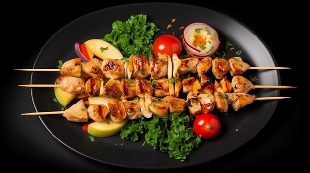 Photo des brochettes de poulet avec des tranches de pommes et de piment vue supérieure generative ai