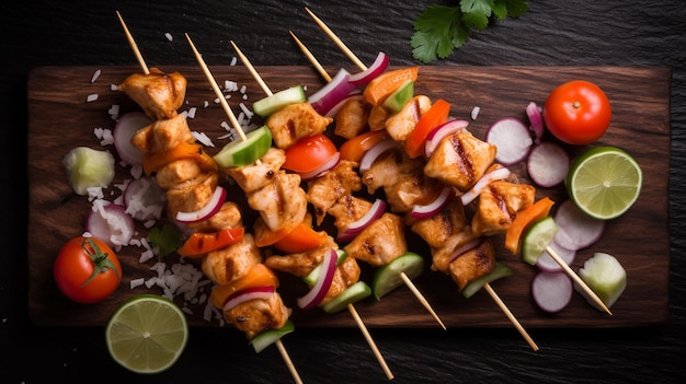 Des brochettes de satay au poulet grillées vue du haut vers le bas