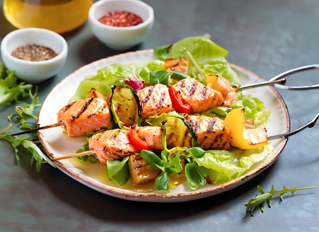 Des brochettes de saumon grillées avec de la salade d'été, de la poméranée.