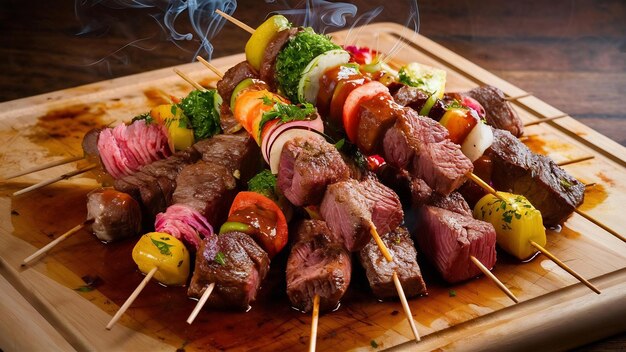 Des brochettes de steak assorties sur une planche