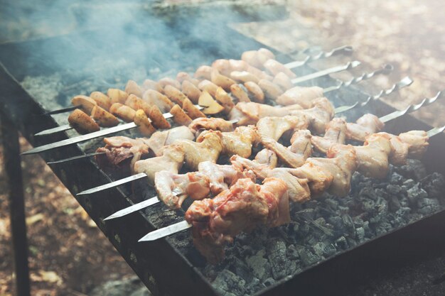 Brochettes de steak shishkabob cuisson sur un grill enflammé