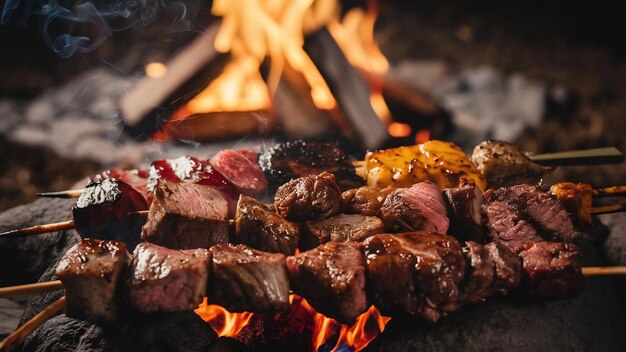 Des brochettes de steak variées sur les flammes du feu