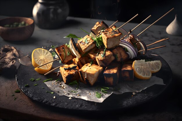 Brochettes végétaliennes ou végétariennes avec grillades de tofu et d'halloumi Réseau de neurones généré par l'IA