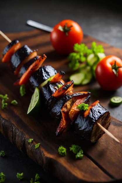 Des brochettes de viande grillée, du shish kebab avec des légumes sur une planche de bois.