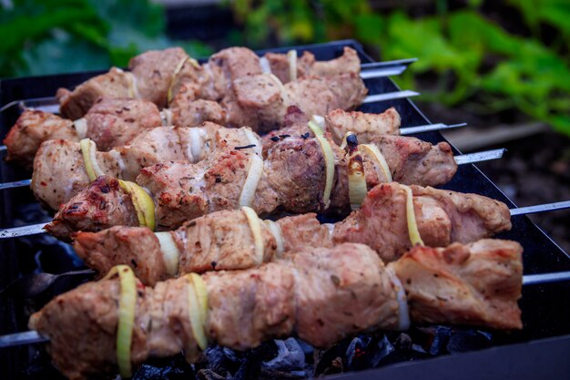 Brochettes de viande avec des oignons sur des brochettes. Viande de charbon de bois.