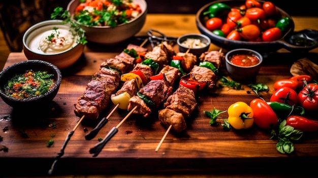 Des brochettes de viande de style brésilien avec des plats d'accompagnement tels que l'IA générative